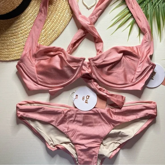 PQ Swim 👙 Rose-Gold Underwire Tie-Back Bikini TopCinched Bottoms 🏝🏄🏼‍♀️